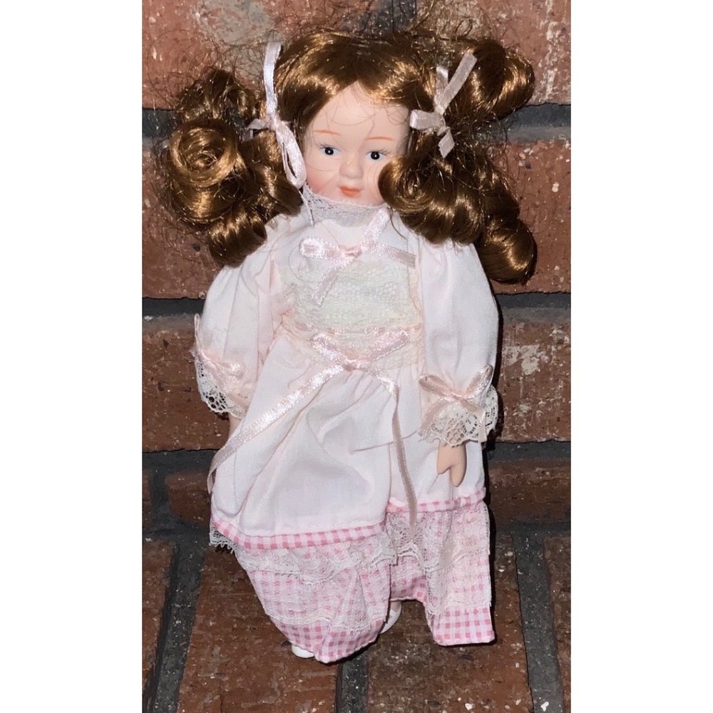 Vintage Porcelain Doll Auburn Ringlets Pink Gingham Lace Dress Victorian 8"Tall
